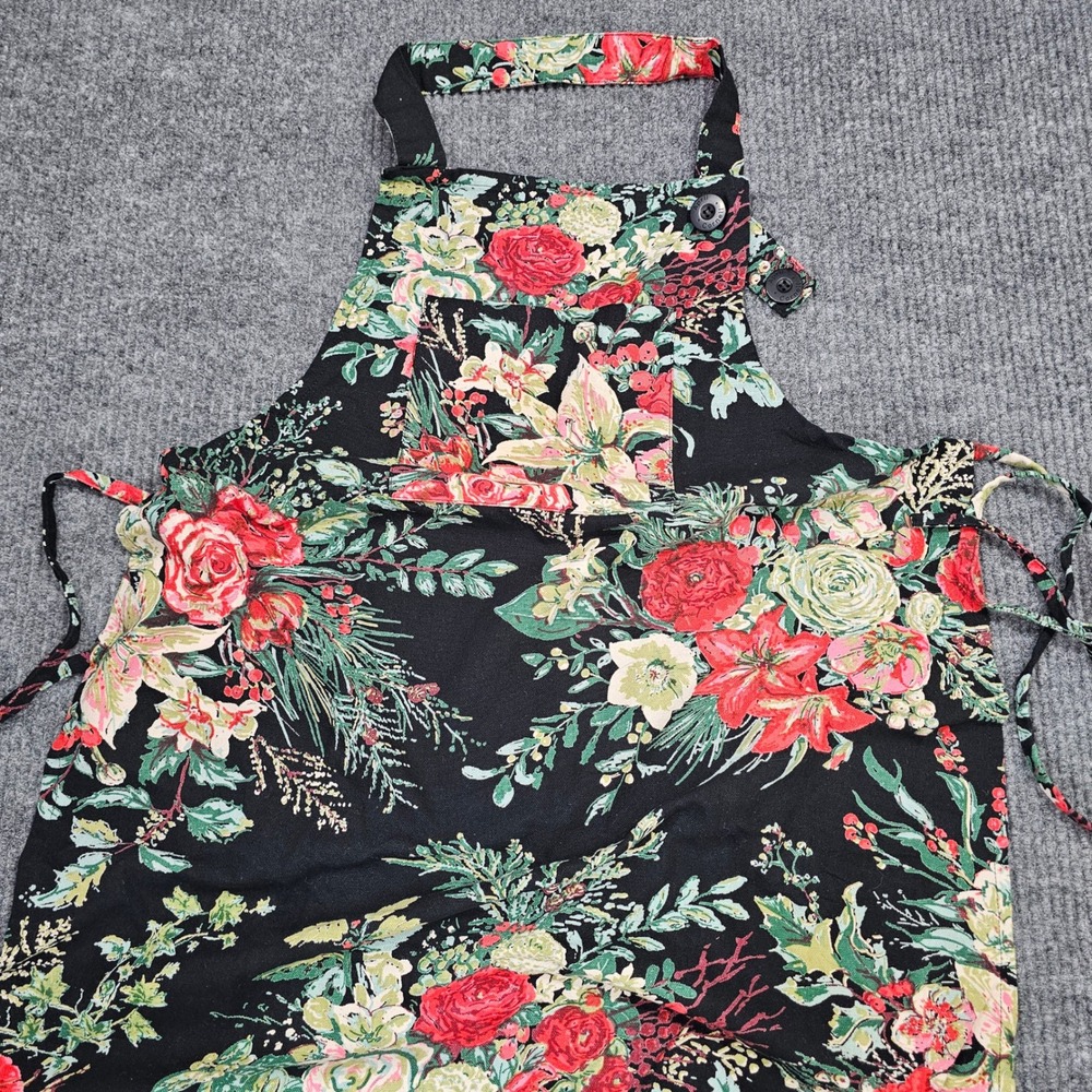 April Cornell Apron Womens O/S Black Floral Rose Holiday Christmas Kitchen Bib